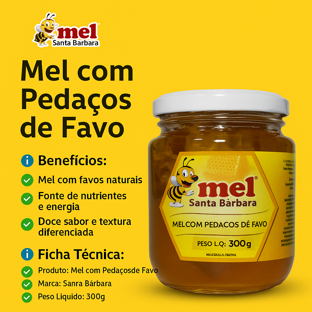 Mel Puro com Pedaços de Favo Santa Bárbara | Natural, Direto da Colmeia
