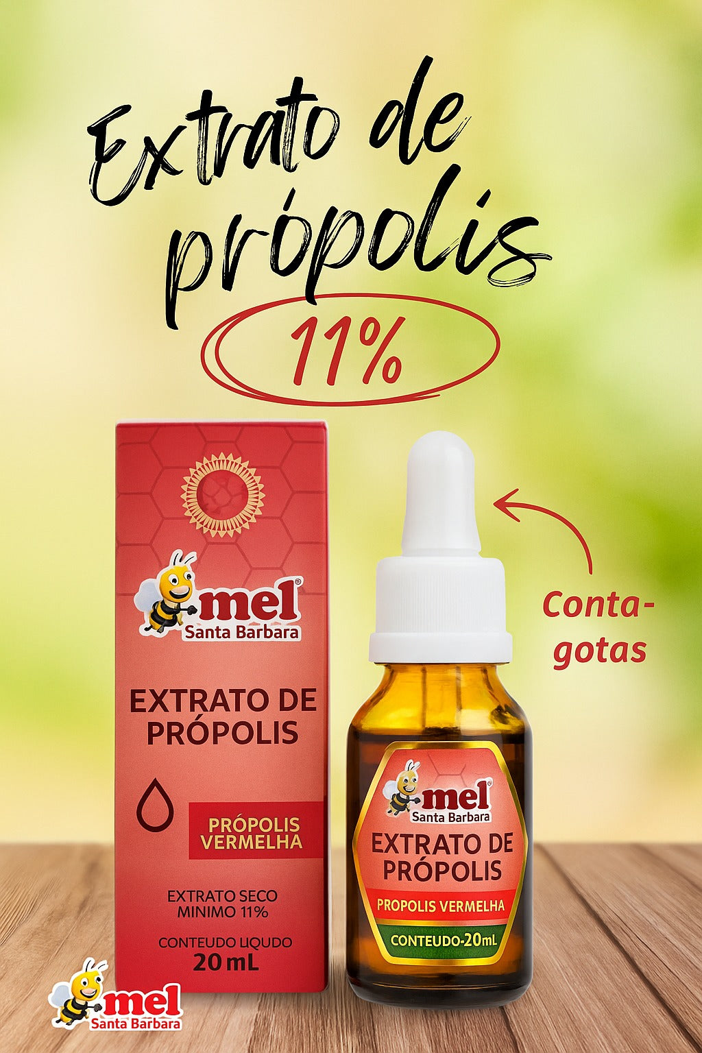 Extrato de Própolis Vermelha 11% Mel Santa Bárbara 20ml | Conta-Gotas | Imunidade Natural