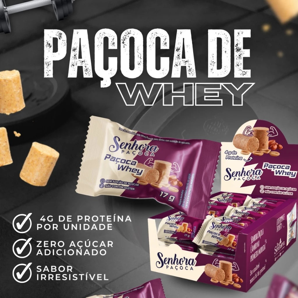 Paçoca Whey Protein Sem Açúcar - Senhora Paçoca - Caixa 24un com de Proteína