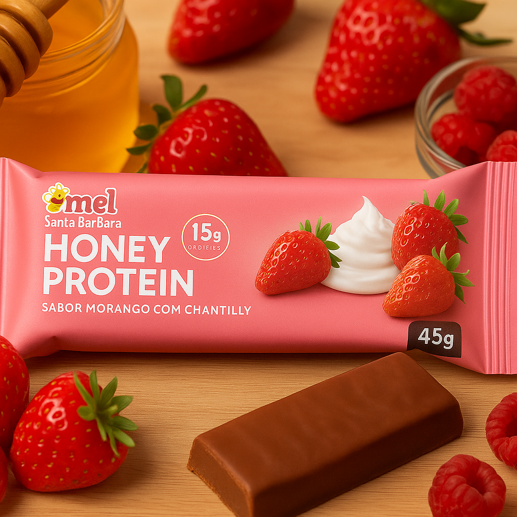 Barrinha Proteína com mel  Honey Proteica   Sabor Morango com Chantilly | Sem Glúten | Com Mel | Energia e Proteína