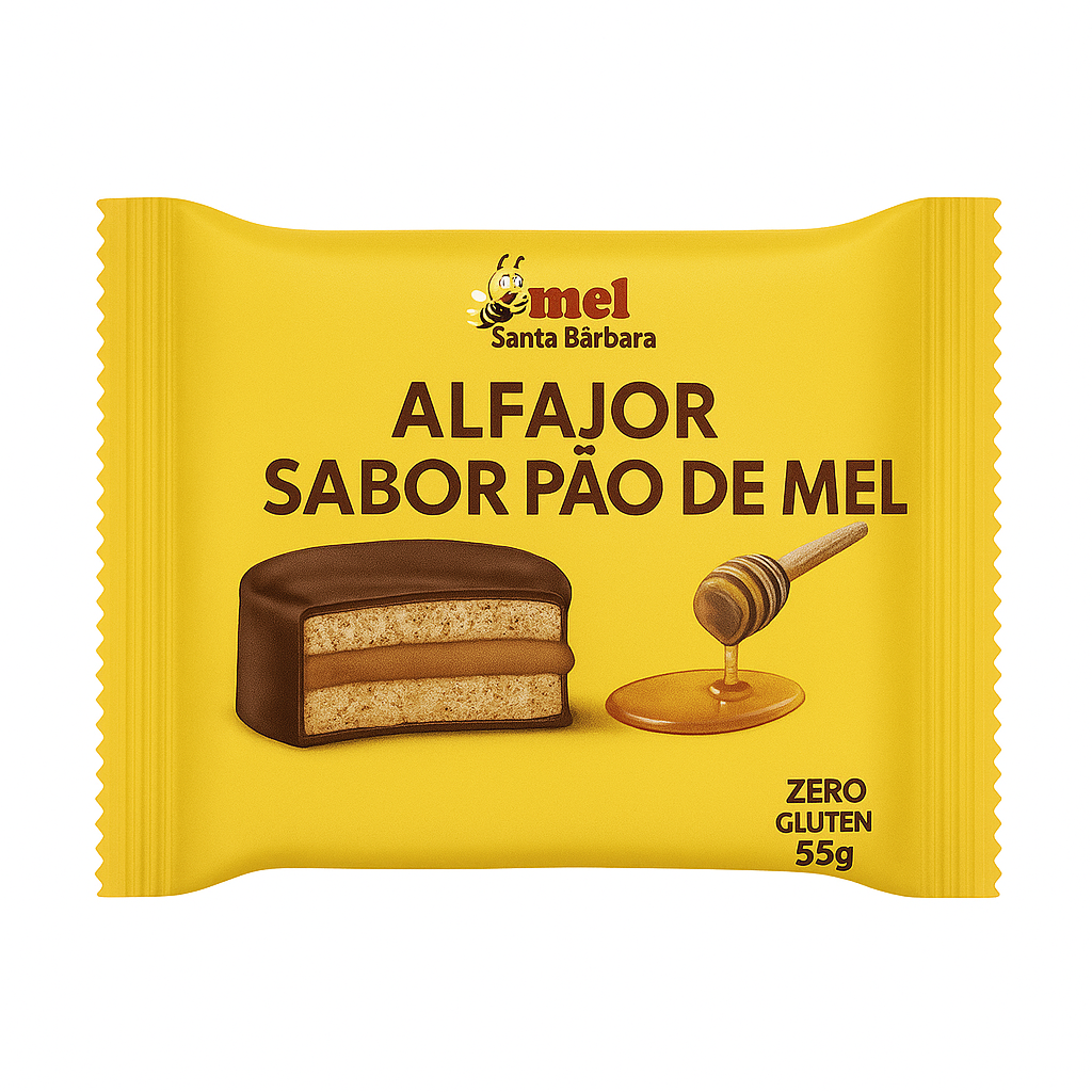 Alfajor Pão de Mel Santa Bárbara  Adoçado com Mel | Zero Glúten | Recheio de Amendoim | Caixa com 6 Unidades