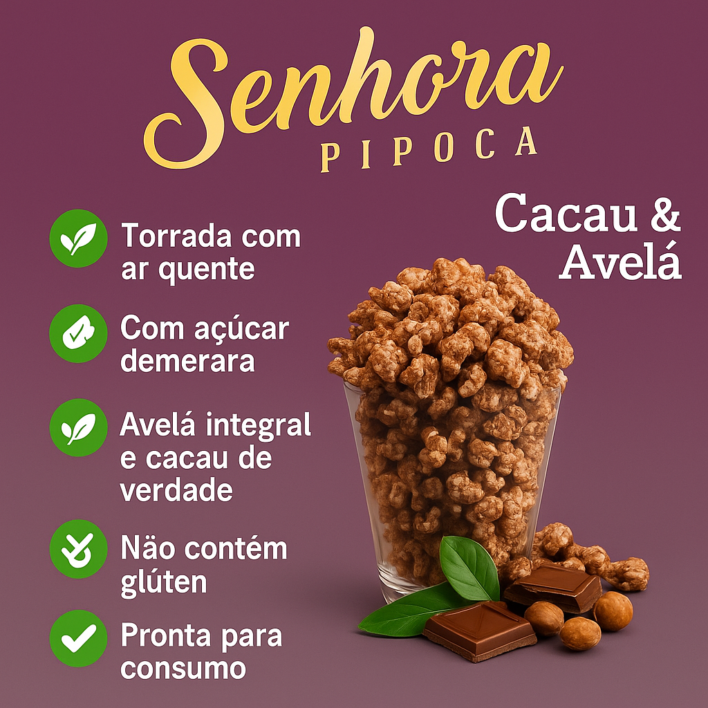 Pipoca Gourmet Doce Pronta Cacau e Avelã - Sra Pipoca