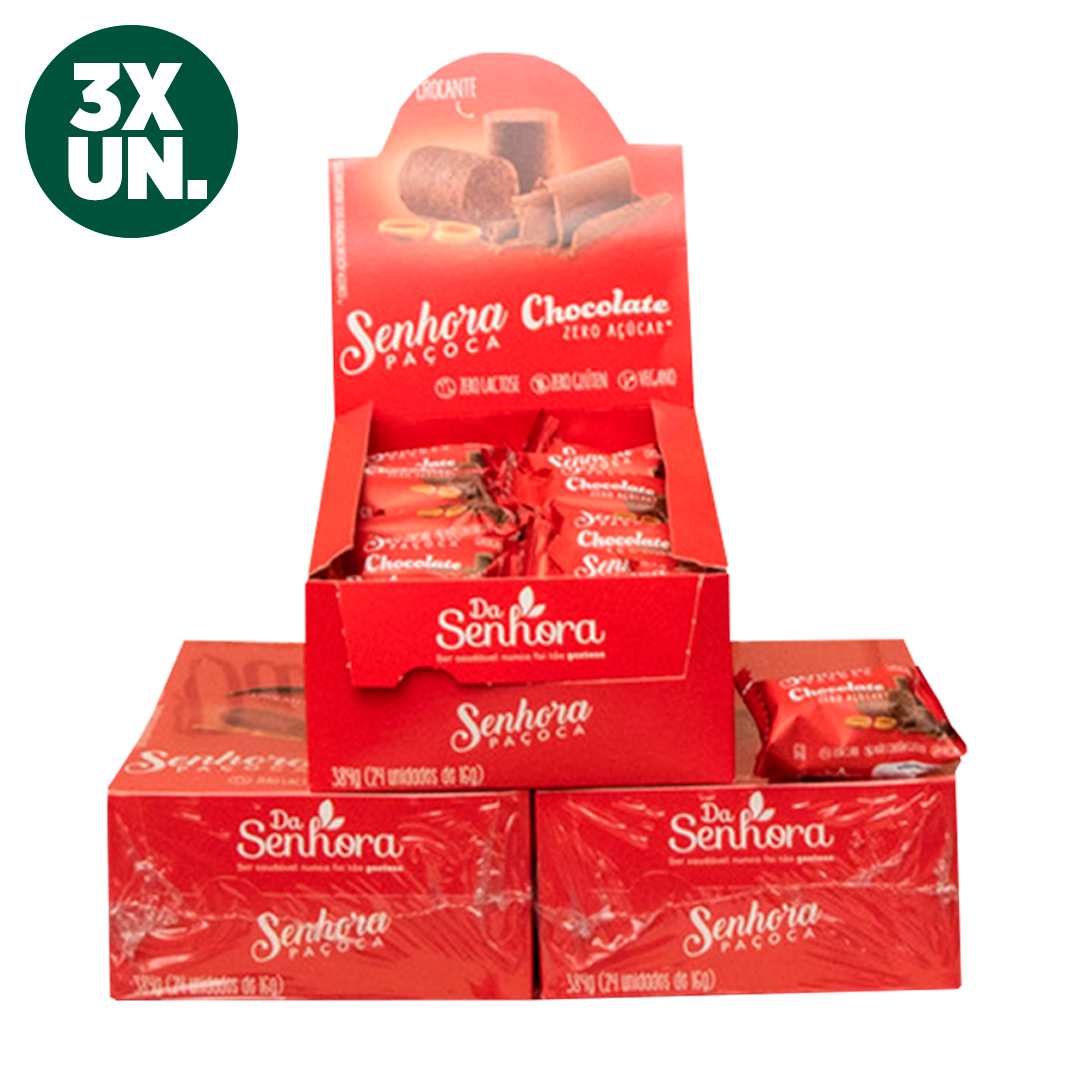 Paçoca Chocolate Zero Açúcar Sem Lactose KIT 3 Caixa C/ 24un