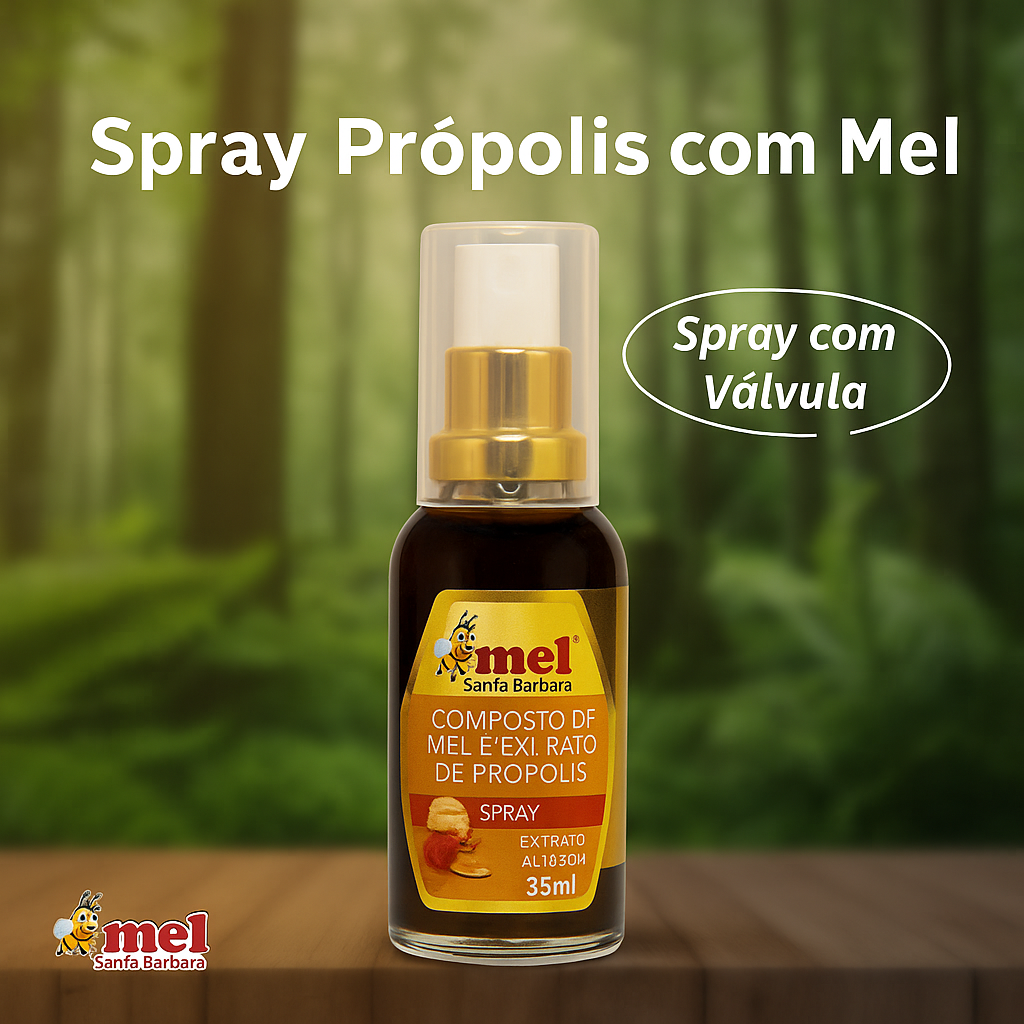 Spray Própolis com Mel 35ml  Mel Santa Bárbara | 11% Extrato Seco | Pronto para Uso | Válvula Facilitada